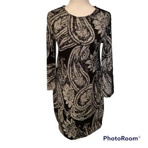 PAPILLON DRESS MINI TUNIC SHEATH BLACK GRAY FLORAL CUTOUT SLEEVES SIZE S